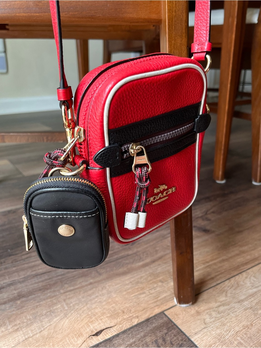 Coach Red Pebbled Leather Crossbody w/ black/ chalk trim! + Black Coach Pouch!